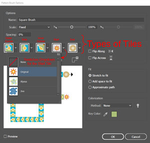 Illustration of the Pattern Brush Options Dialog showing dropdown that you use to choosing a Swatch to  associate with a Tile