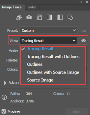 Screen shot of View dropdown in the Image Trace panel.