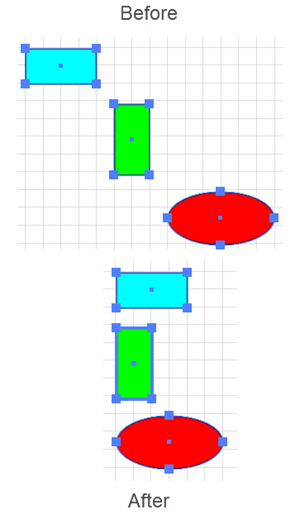 An example of aligning the Left Edges of a Selection Horizontally Relative to a Key Object, which remains fixed.