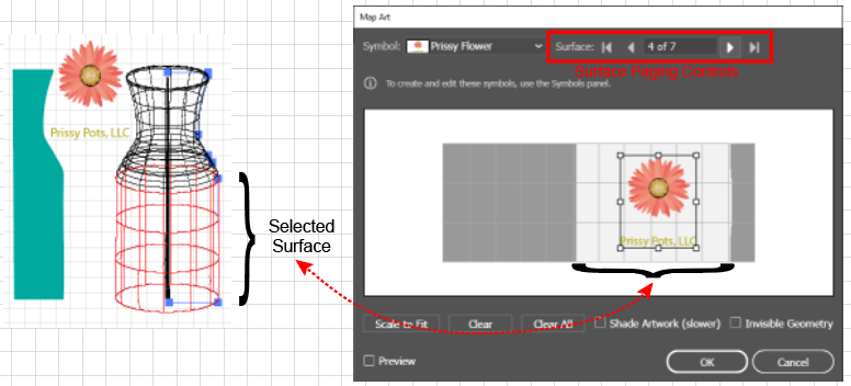 Selecting the 3D surface to which to map the Art. 