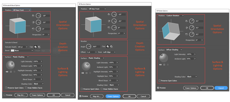 3D Option Dialog Boxes for the 3 styles of 3D effects.