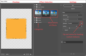 Illustration of Effect Gallery showing its 3 panels and features