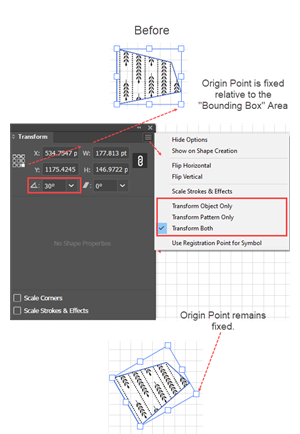 Illustration of How to Use the Transform Panel to set fixed Reference Point and rotate the object around it 