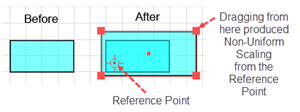 Example of using the Scale tool to set an off-center Reference Point and then dragging to produce non-uniform scaling.