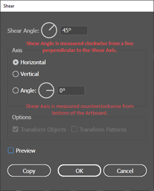 Illustration of Setting the Shear Angle (the angle of slant) and the angle of the Shear Axis (the angle of push) in the Shear Dialog