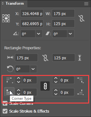 Screen shot of Window Transformation Panel with Corner Type Highlighted