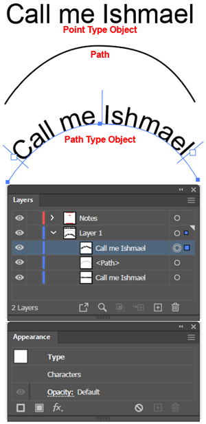 Illustration of the original text and path, and the resulting Path Text object, look on the Artboard and in the Layers and Appearance panels